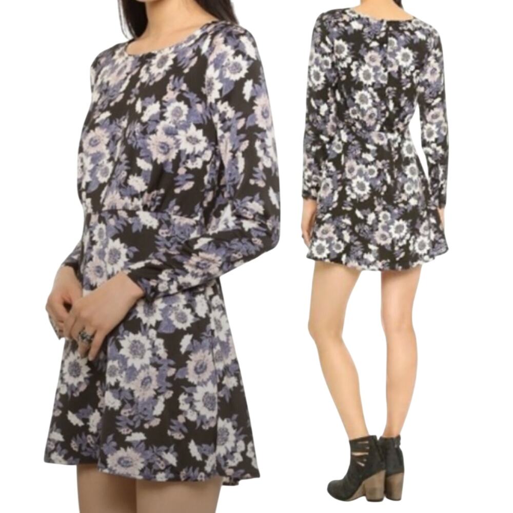 Free People Parker Mini Dress Floral Sunflower Print Long Sleeve Black Blue 6